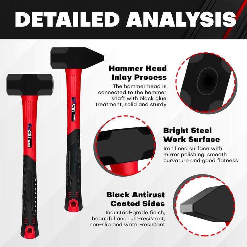 ct 2 Piece Hammer Set, 3lb Sledge Hammer-Drilling Hammer & blacksmith hammer,mini sledge, cross peen hammer, Fiberglass & Soft No-Slip Handle,Perfect for Demolition, Construction and Blacksmithing - Image 3